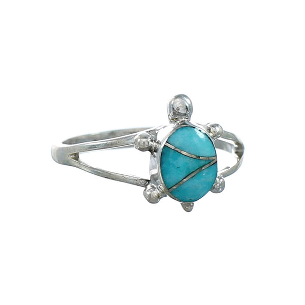 Genuine Turquoise Inlay Sterling Silver Navajo Turtle Ring Size 7-3/4 TX10098